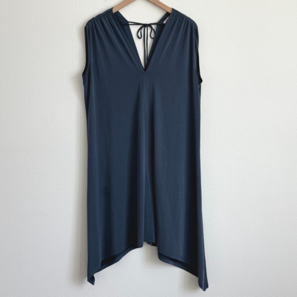 Mystree Navy Blue Handkerchief Hem Dress L Boho V-Neck Sleeveless Tassel Midi